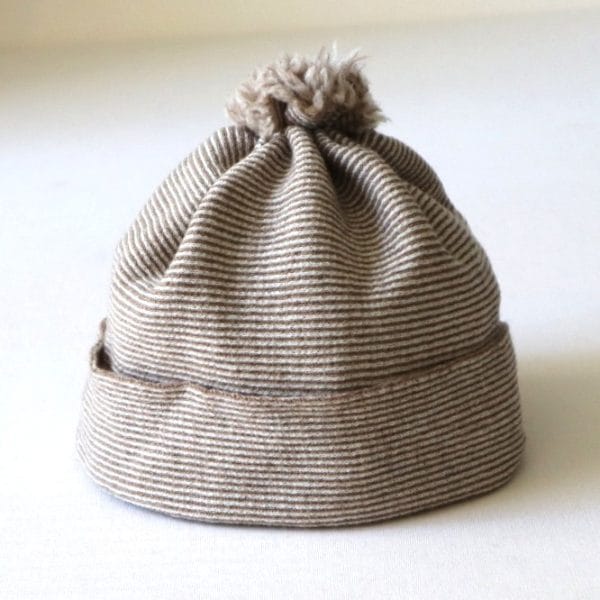Wool beanie, white/beige stripe, 8-18 months