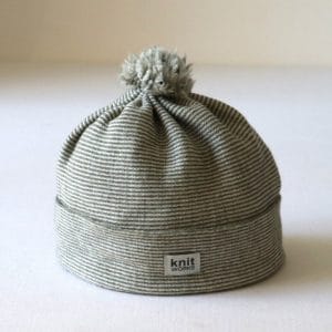 Wool beanie, white/green stripe, 8-18 months