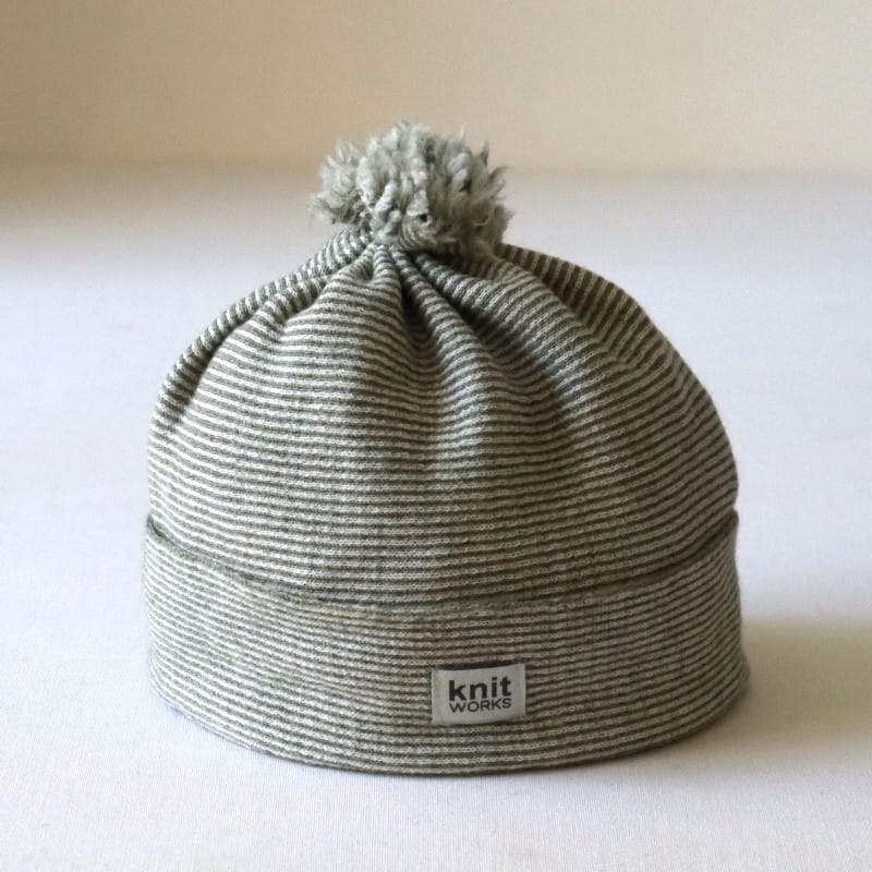 Wool beanie, white/green stripe, 8-18 months
