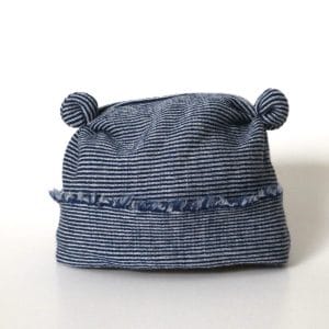 Wool beanie, blue/white stripe with ears, 3-6 months