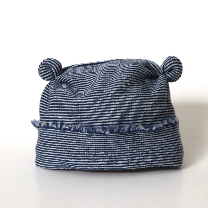 Wool beanie, blue/white stripe with ears, 3-6 months